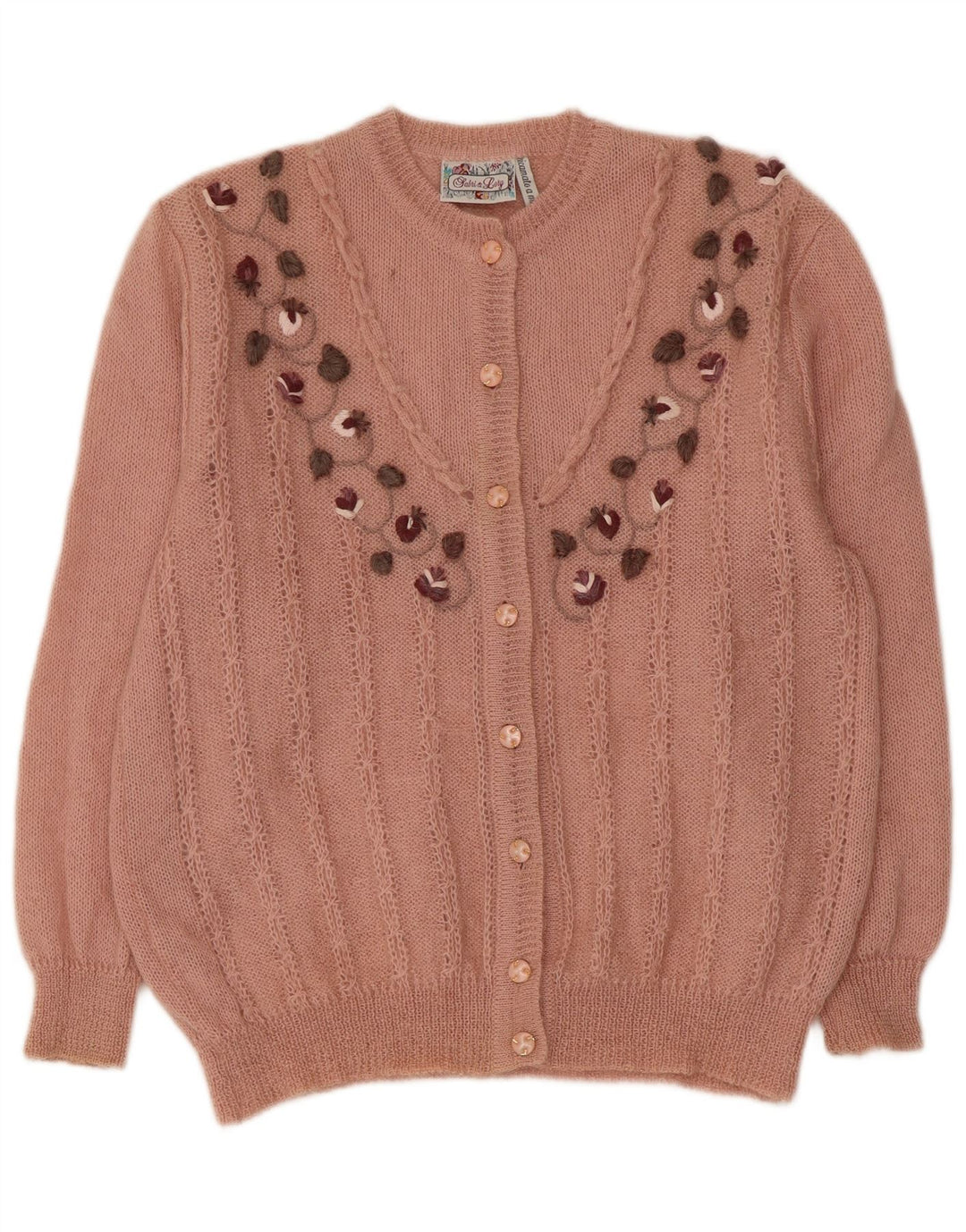 RICAMO A MANO ženski kardigan džemper IT 50 XL ružičasti cvjetni moher