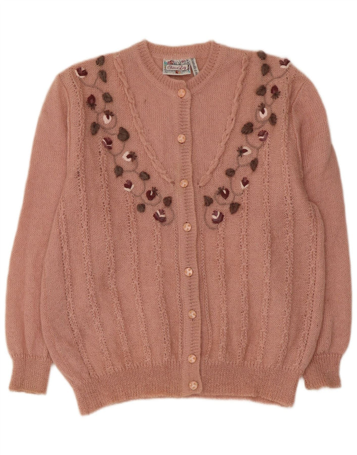 RICAMO A MANO ženski kardigan džemper IT 50 XL ružičasti cvjetni moher