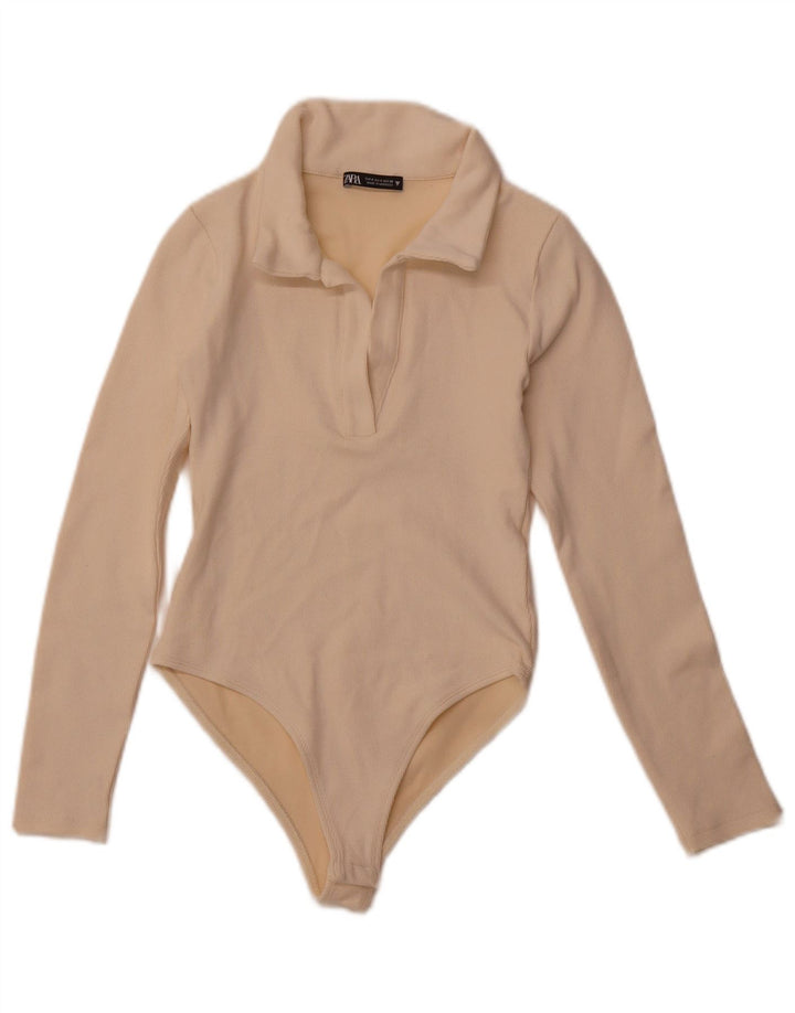 ZARA Womens Long Sleeve Bodysuit UK 8 Small Beige