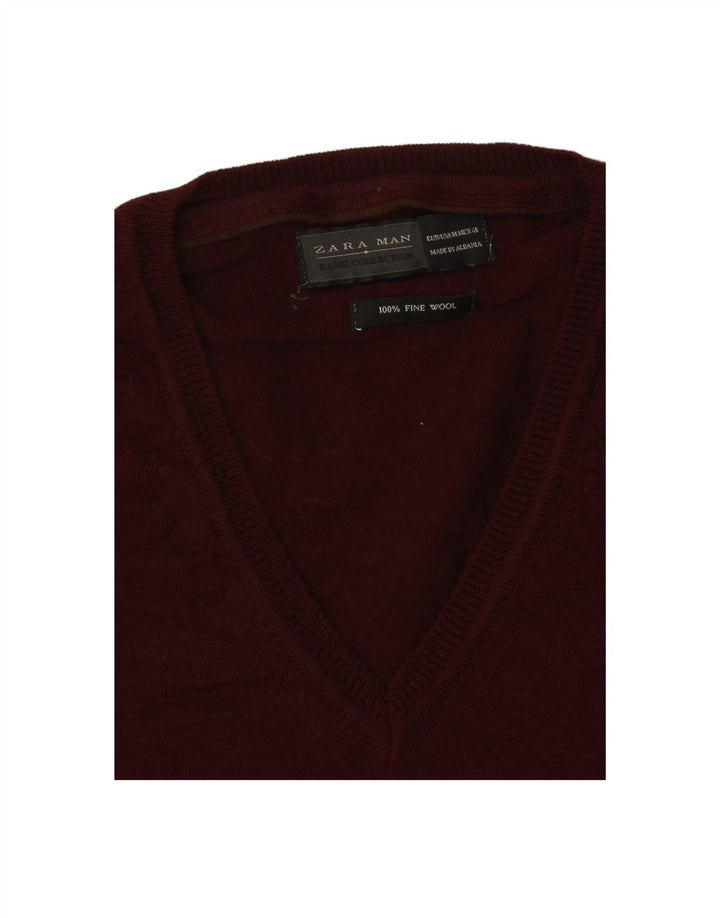 ZARA Mens V-Neck Jumper Sweater Medium Burgundy Wool