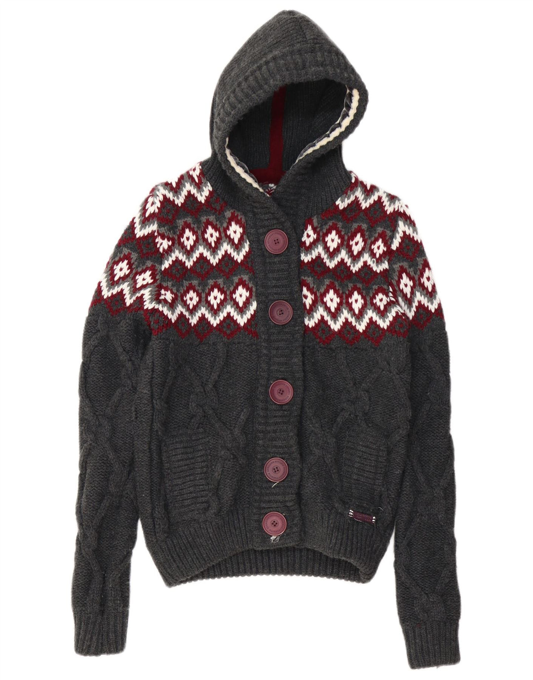 SUPERDRY ženski kardigan pulover s kapuljačom UK 10 Small Grey Fair Isle akril
