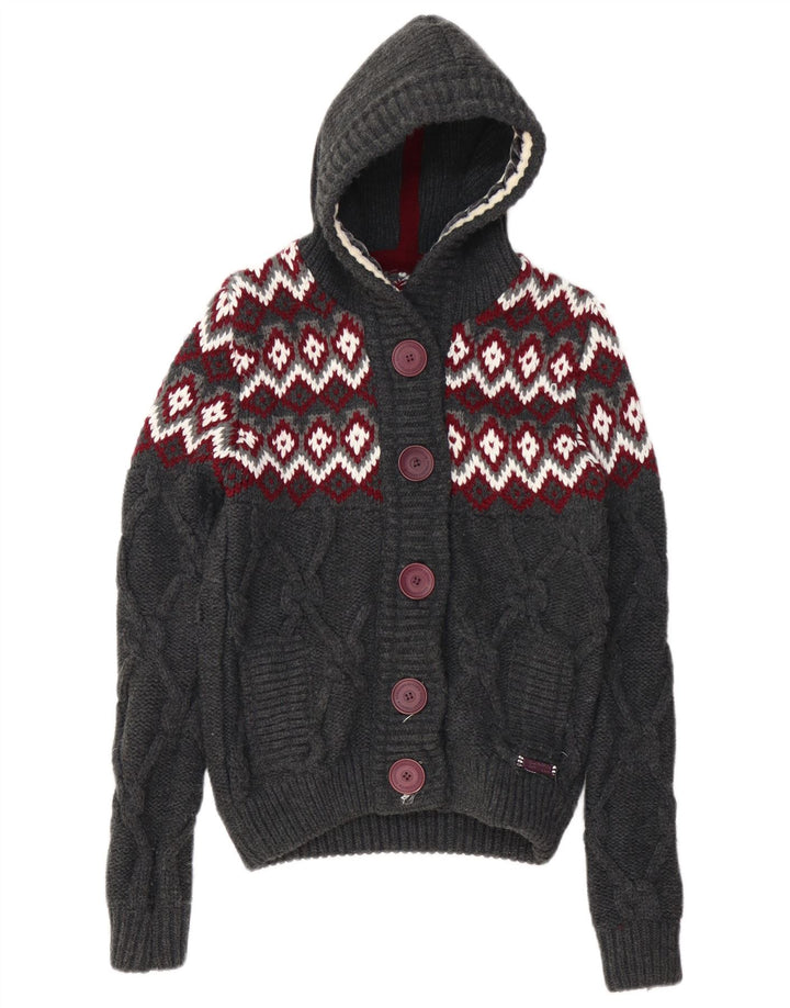 SUPERDRY ženski kardigan pulover s kapuljačom UK 10 Small Grey Fair Isle akril