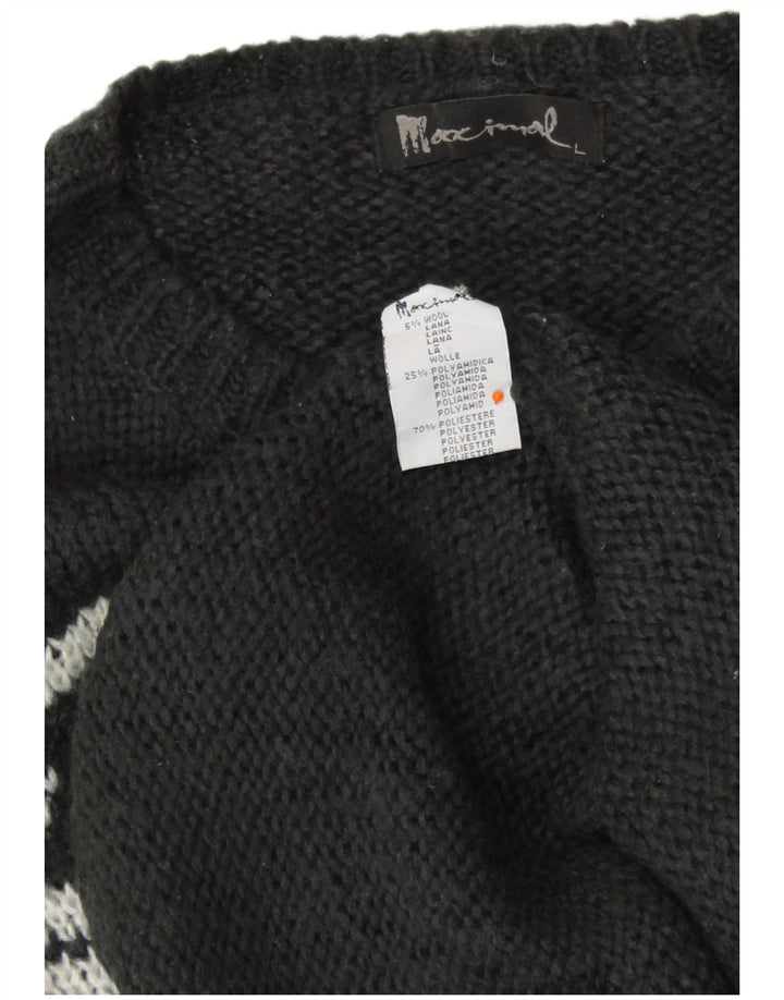 VINTAGE ženski džemper s okruglim izrezom UK 16 Veliki crni Fair Isle vuneni