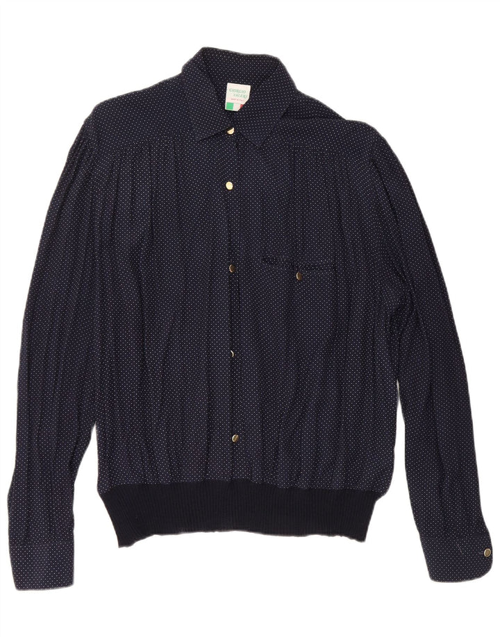 VINTAGE ženska košulja bluza UK 16 Velika tamnoplava viskoza na točkice