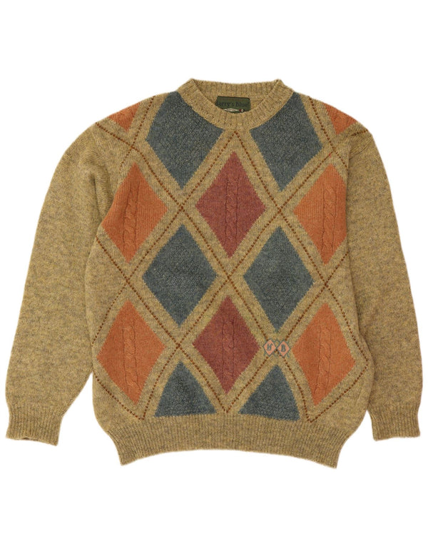 Vintage muški džemper s okruglim izrezom Srednje zeleni Argyle/Dijamantna vuna
