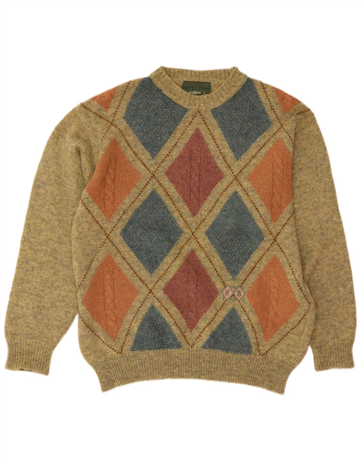 Vintage muški džemper s okruglim izrezom Srednje zeleni Argyle/Dijamantna vuna