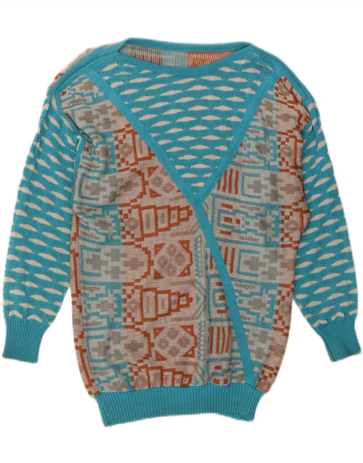 VINTAGE ženski džemper s morskim izrezom UK 14 srednje plavi geometrijski