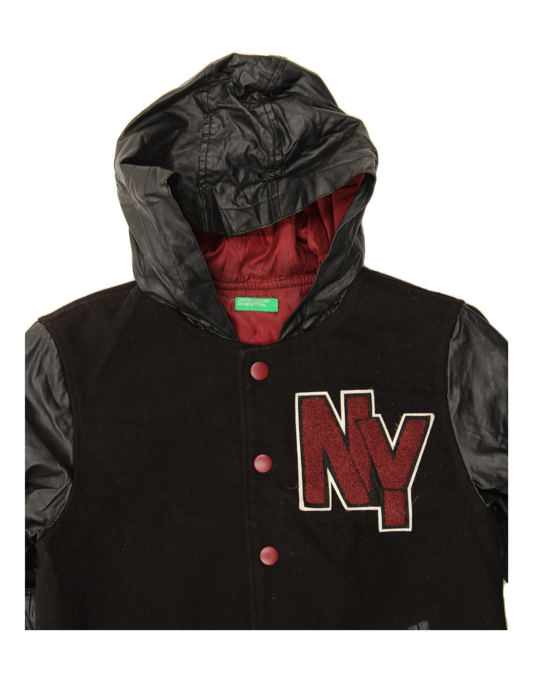 BENETTON Boys Graphic Varsity Jacket 10-11 Years XL Black Colourblock Vintage Benetton and Second-Hand Benetton from Messina Hembry 