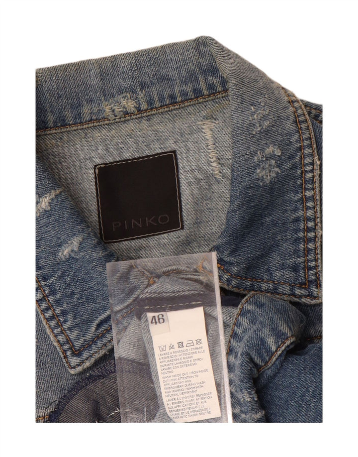 PINKO Womens Distressed Denim Gilet IT 46 Large Blue Cotton Vintage Pinko and Second-Hand Pinko from Messina Hembry 