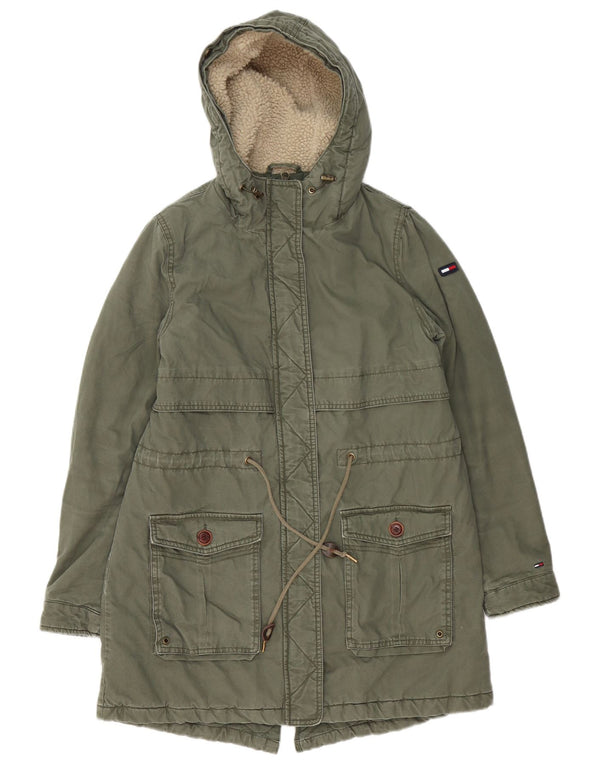 Tommy Hilfiger Womens Hooded Sherpa Parka Jacket UK 14 Medium Green Cotton
