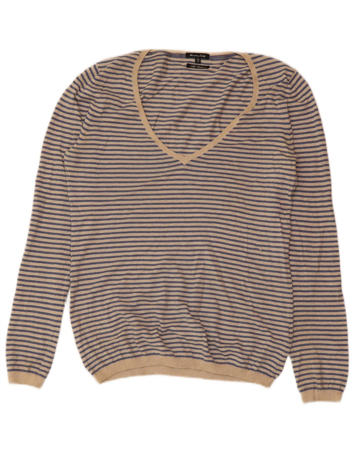 MASSIMO DUTTI Ženski džemper s V-izrezom UK 18 XL od kašmira na plave pruge