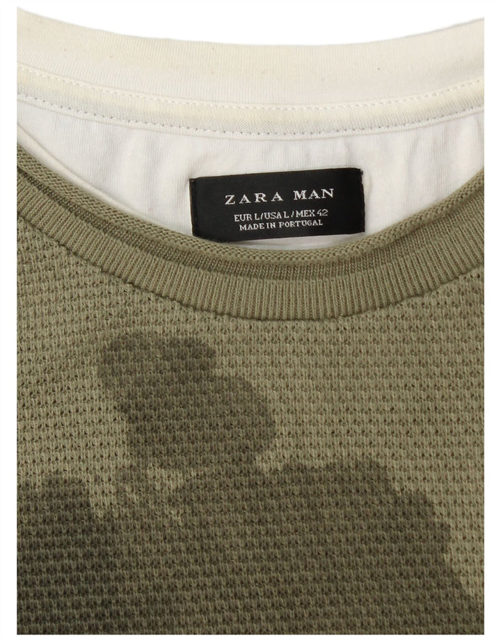 ZARA Mens Top Long Sleeve Large Green Camouflage Cotton