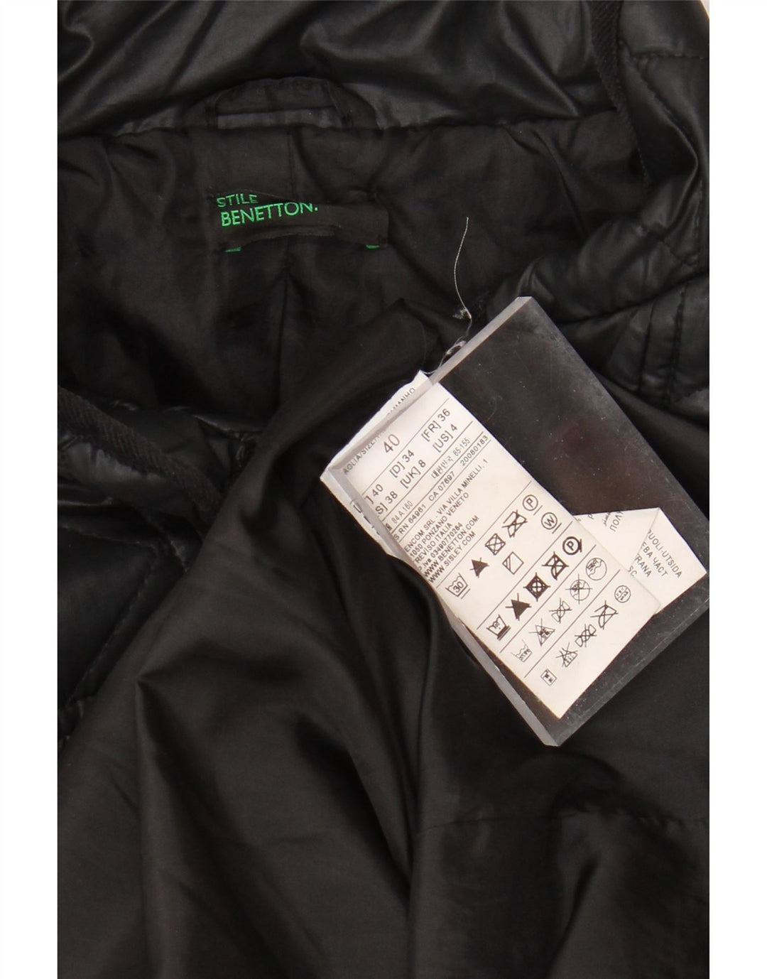BENETTON Womens Quilted Overcoat UK 8 Small Black Polyester