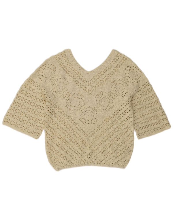 Vintage ženski džemper s 3/4 rukavima s V-izrezom UK 12 srednje svijetlo bijela