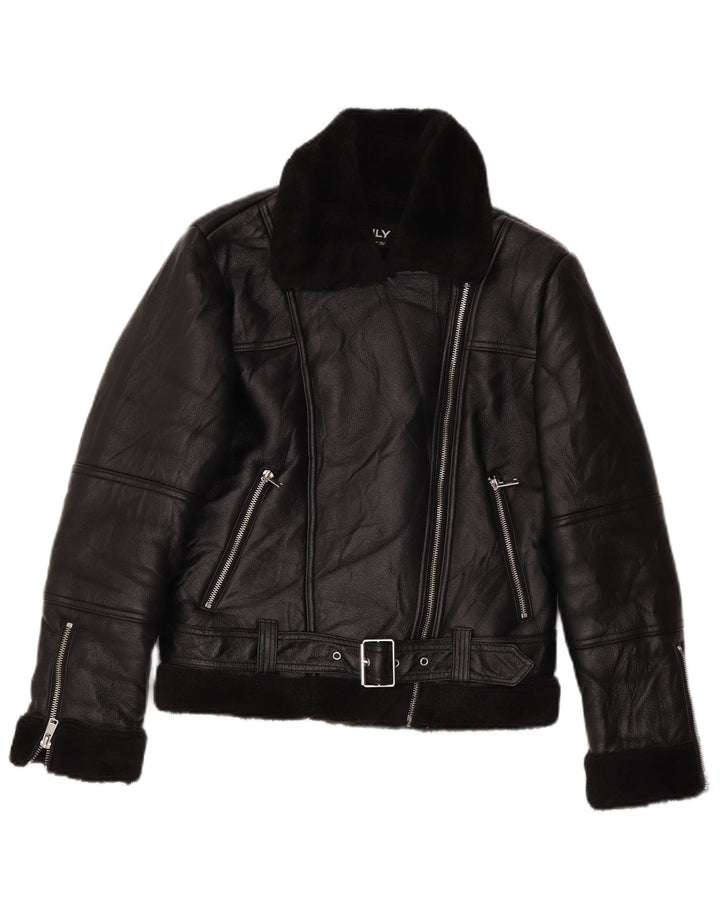 VINTAGE ženska biciklistička jakna Sherpa od umjetne kože UK 10 Mala crna