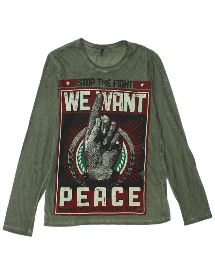 BENETTON Muška majica dugih rukava s grafikama, mala zelena pamuk