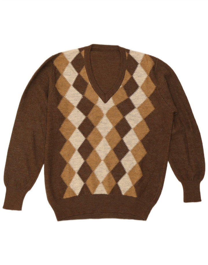 Vintage muški džemper s V-izrezom Veliki smeđi Argyle/Diamond