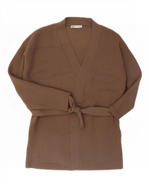 Zara Womens Longline Cardigan Sweater UK 16 Large Brown Acrylic
