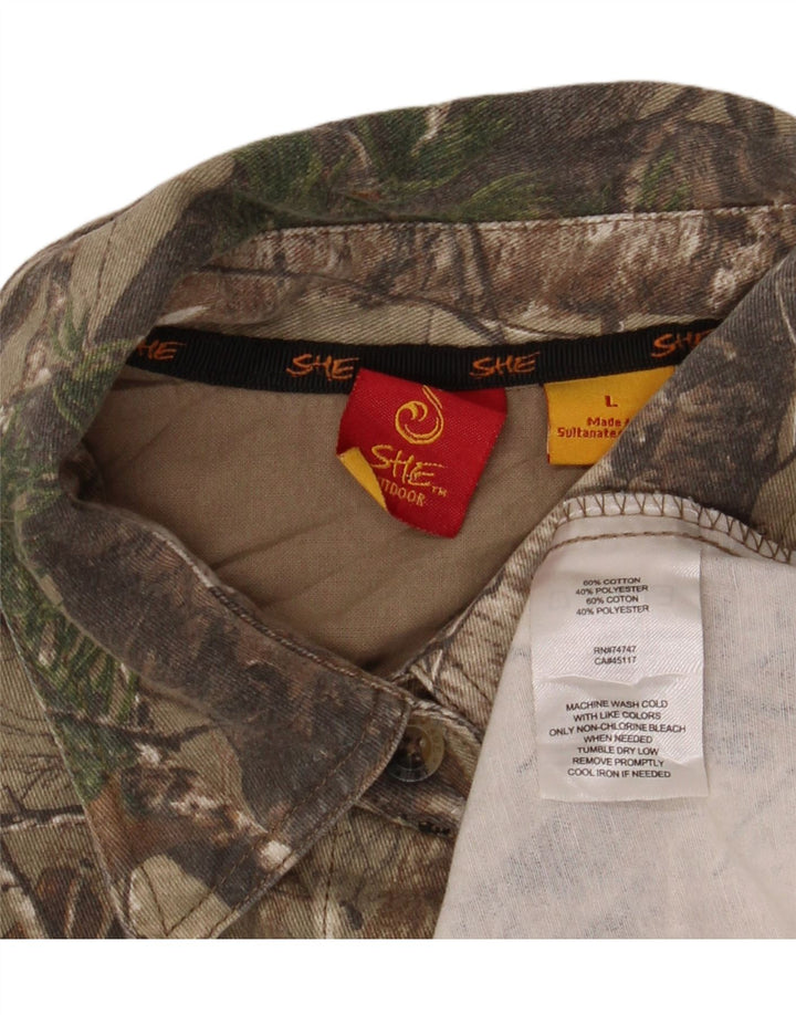 VINTAGE ženska košulja s apstraktnim uzorkom UK 16 Veliki kaki pamuk u blokovima