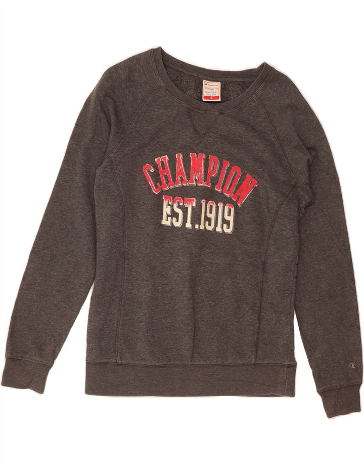 CHAMPION Womens Heritage Fit Graphic Sweatshirt Jumper UK 12 Medium Grey Vintage Champion and Second-Hand Champion from Messina Hembry 