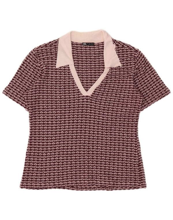 Zara ženski džemper s polo ovratnikom UK 14 Large Burgundy Geometric