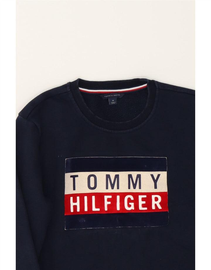 TOMMY HILFIGER Womens Graphic Sweatshirt Jumper UK 12 Medium Navy Blue Vintage Tommy Hilfiger and Second-Hand Tommy Hilfiger from Messina Hembry 