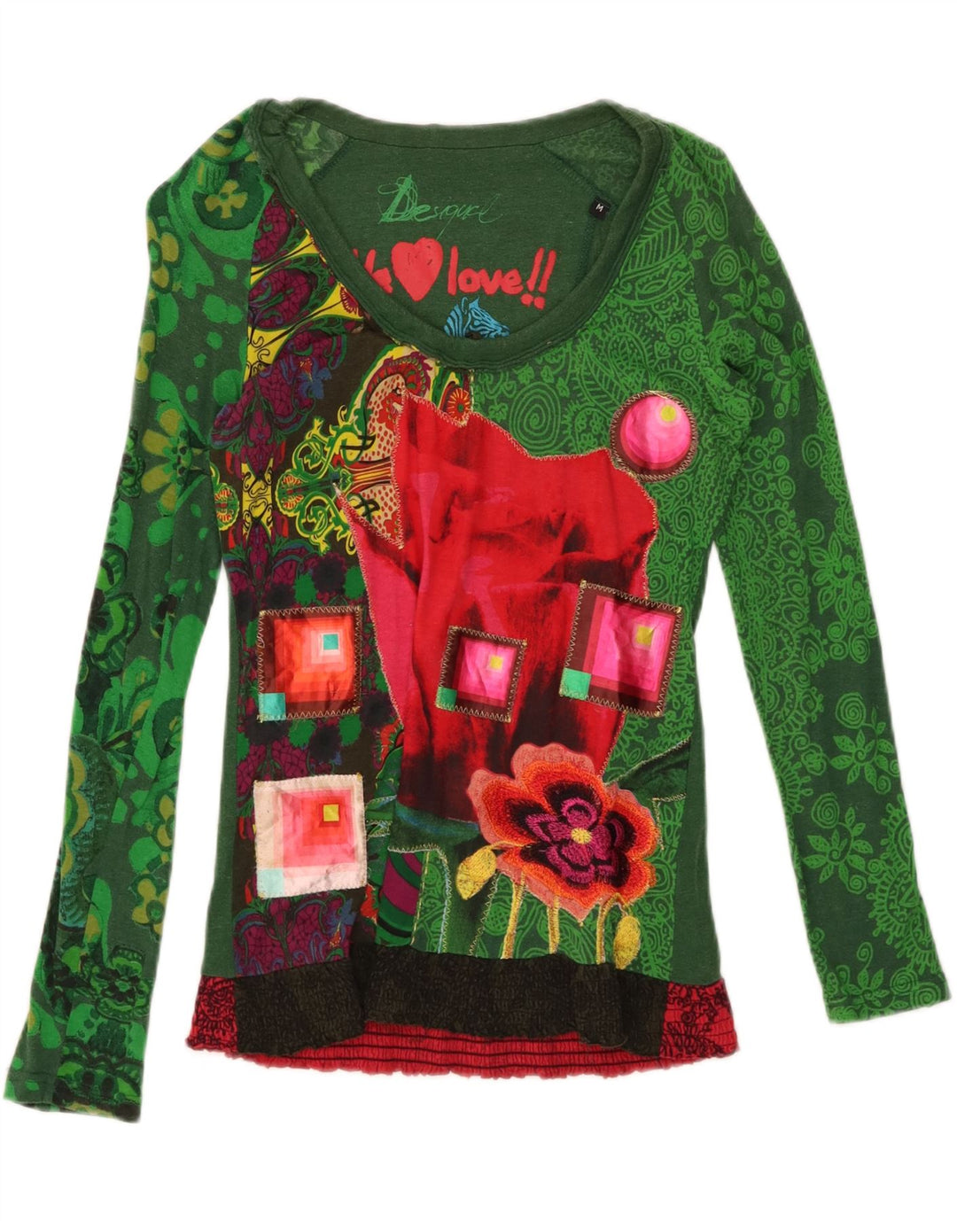 Desigual ženska majica dugih rukava s grafikama UK 14, srednje zeleni pamuk