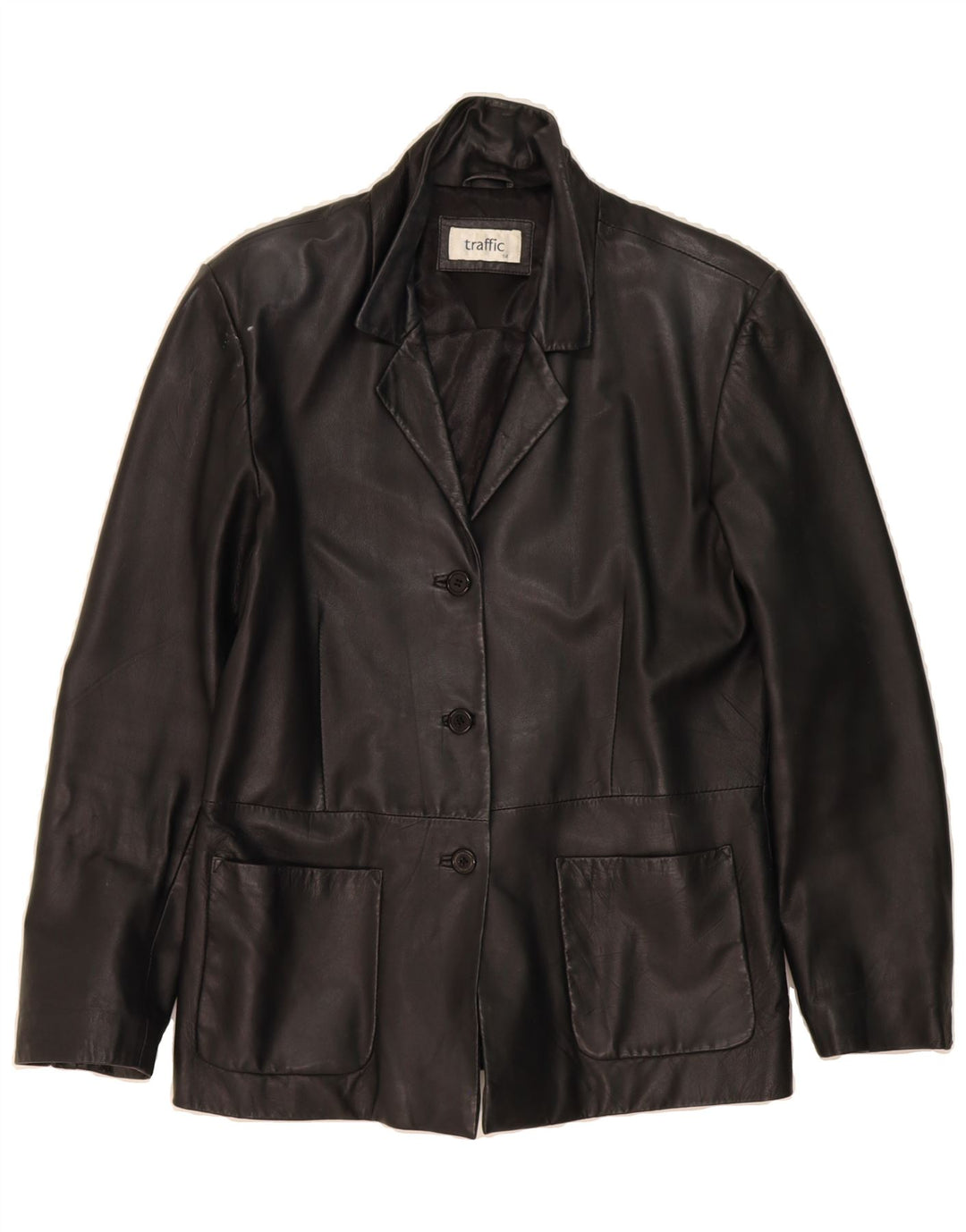 TRAFFIC Womens Leather Jacket UK 14 Medium Black Leather Vintage Traffic and Second-Hand Traffic from Messina Hembry 
