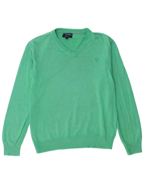 GANT Mens V-Neck Jumper Sweater Large Green Cotton