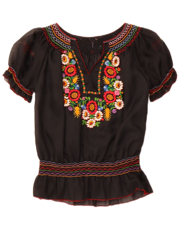 VINTAGE ženski gornji dio prozirne bluze UK 16 Veliki crni cvjetni