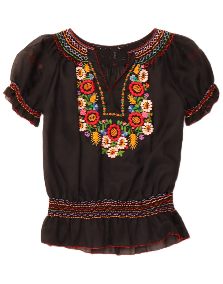 VINTAGE ženski gornji dio prozirne bluze UK 16 Veliki crni cvjetni