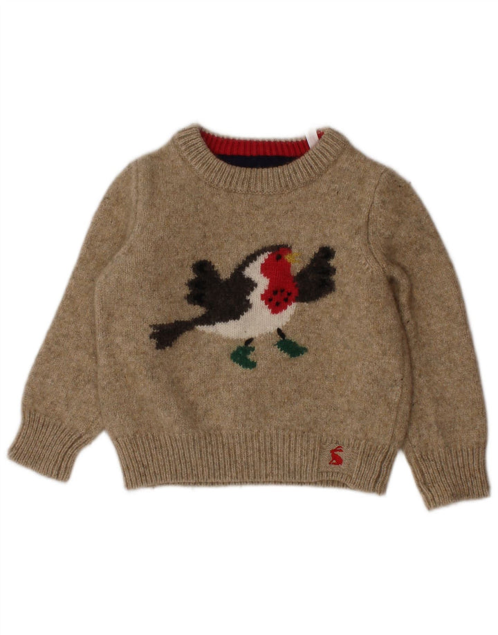 JOULES Girls Graphic Boat Neck Jumper Sweater 2-3 Years Beige Lambswool