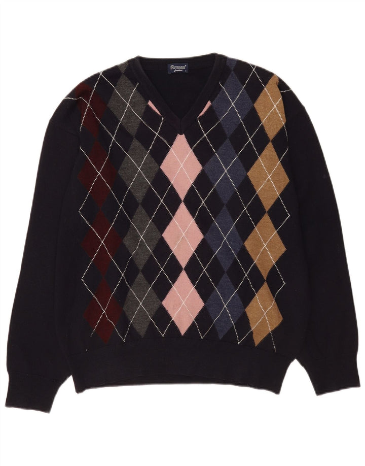 Vintage muški džemper s V-izrezom Srednje tamnoplavi Argyle/Dijamantna vuna