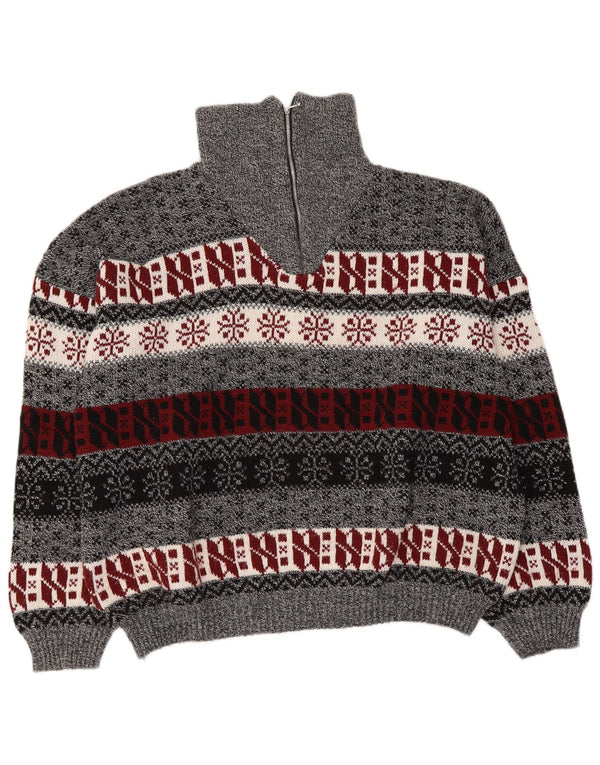 Vintage ženski džemper s izrezom i patentnim zatvaračem UK 14 srednje sivi Fair Isle