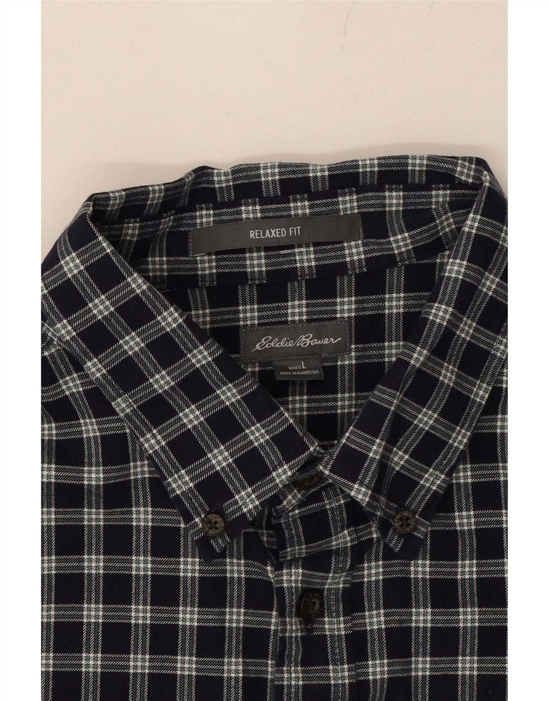 EDDIE BAUER Mens Relaxed Fit Shirt Large Navy Blue Check Cotton Vintage Eddie Bauer and Second-Hand Eddie Bauer from Messina Hembry 