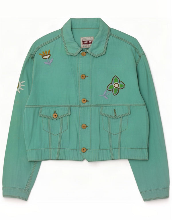 Sisley Womens Relaxed Denim Jacket UK 14 Large Green Floral Retro