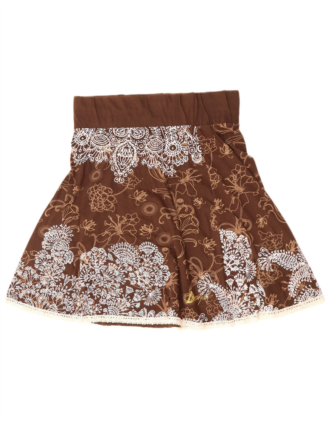 DESIGUAL Ženska suknja A-kroja visokog struka, velika W30, smeđi cvjetni pamuk