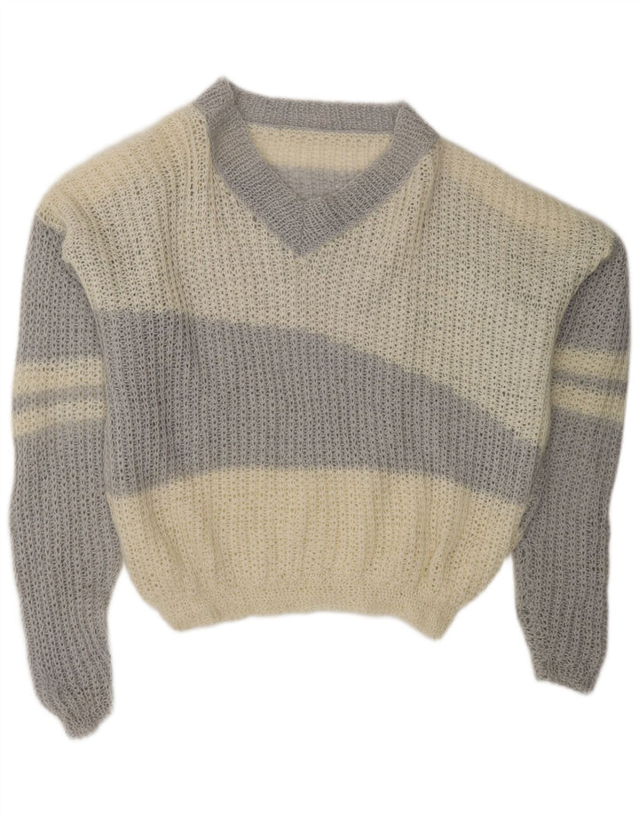 VINTAGE ženski džemper s V-izrezom UK 20 2XL sivobijele boje