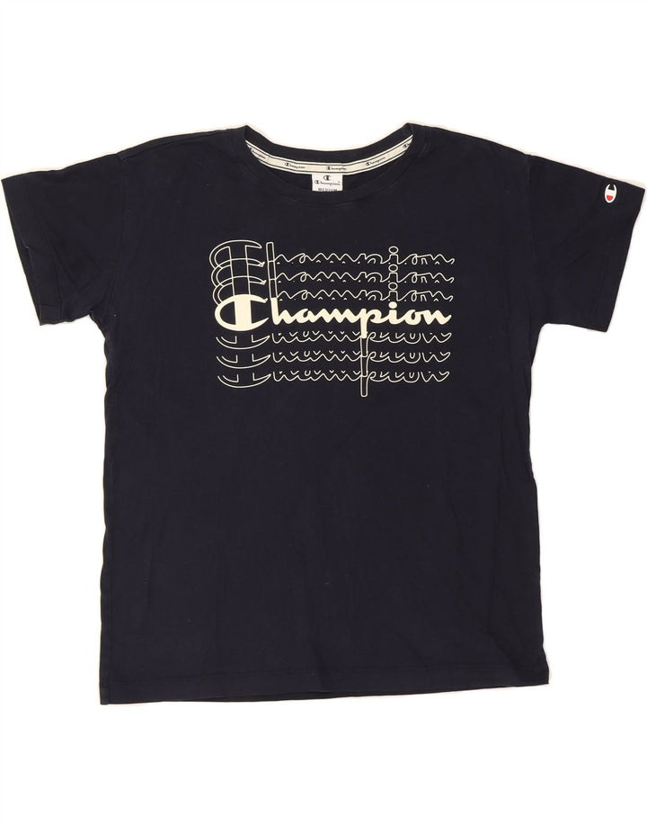CHAMPION Womens Graphic T-Shirt Top UK 14 Medium Navy Blue Vintage Champion and Second-Hand Champion from Messina Hembry 