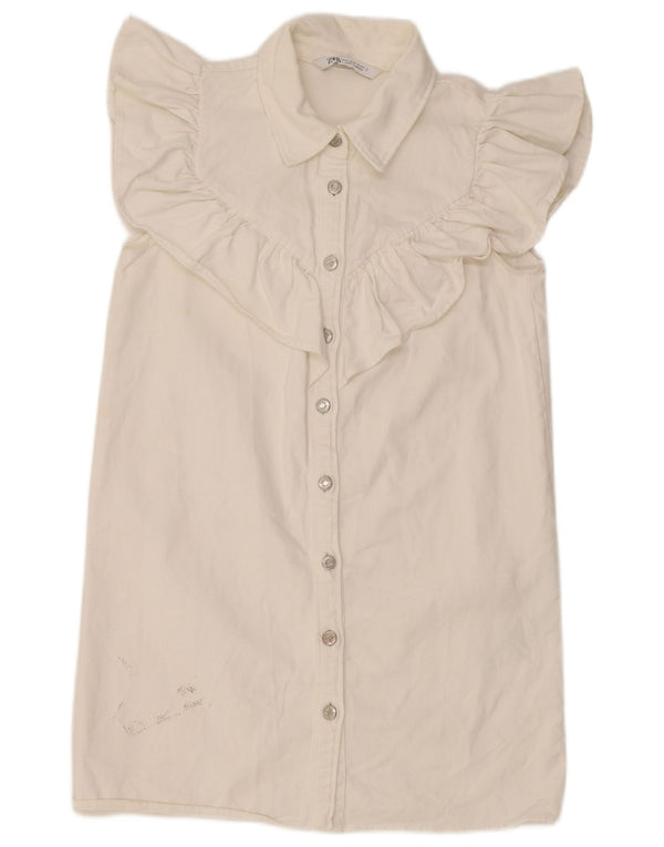 Zara ženska traper haljina s volanima sprijeda UK 12 Srednje bijeli pamuk