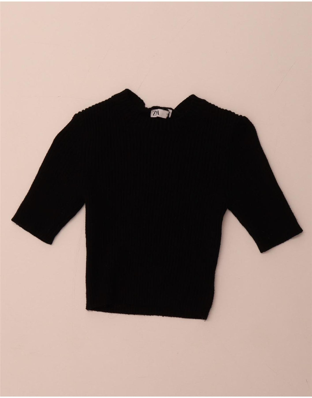 ZARA ženski kratki džemper s 3/4 rukavima s veznim izrezom UK 14 Veliki crni