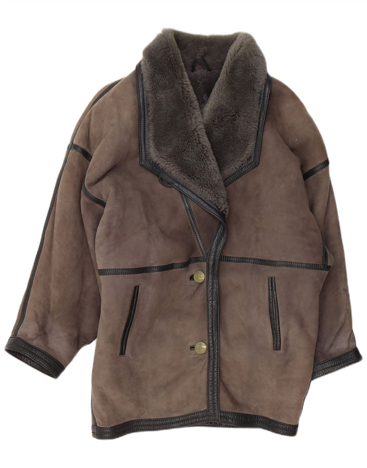 Vintage ženski preveliki kaput od šišanih šiša UK 20 2XL od sive kože