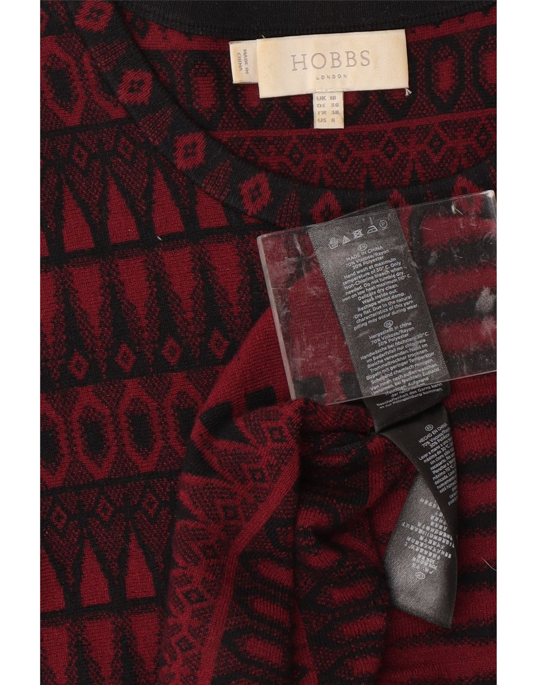 HOBBS Ženska džemper haljina 3/4 rukava UK 10 Mala crvena geometrijska viskoza