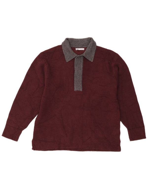 Zara Mens Polo Neck Jumper Sweater Large Burgundy Colourblock Wool