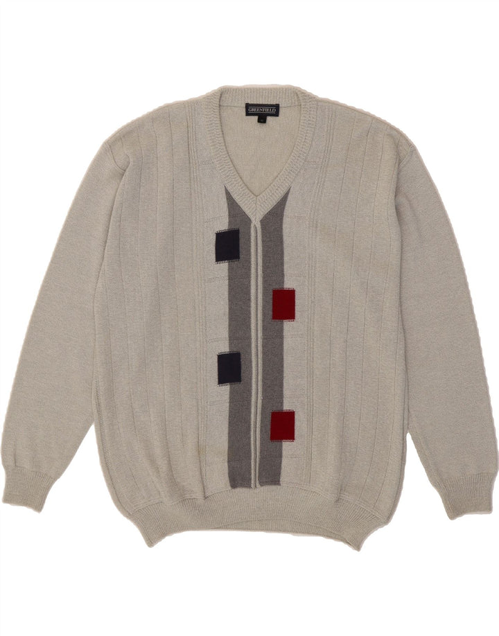 GREENFIELD Mens V-Neck Jumper Sweater IT 52 Large Grey Geometric Vintage Greenfield and Second-Hand Greenfield from Messina Hembry 