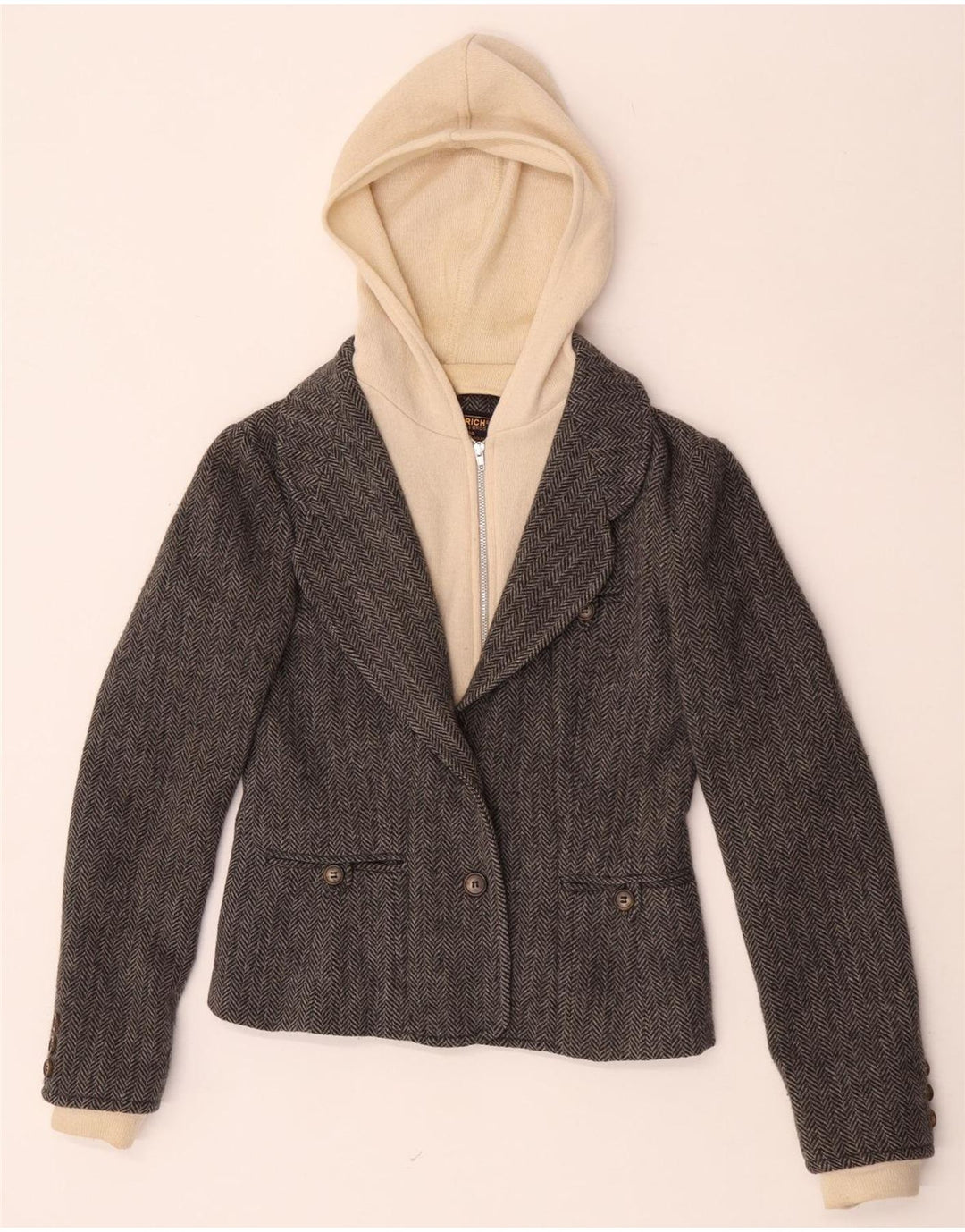 Rich Womens 1-gumb Hooded Blazer Jakna UK 10 Mala Siva Ribeći Kosti