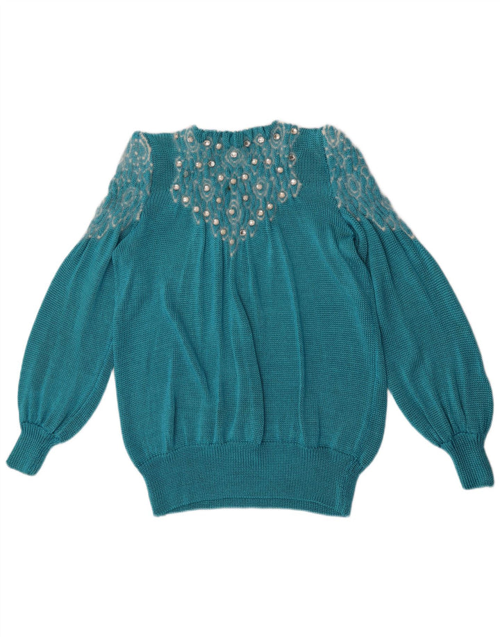 Vintage ženski džemper s okruglim izrezom s apstraktnim uzorkom UK 14 Veliki plavi