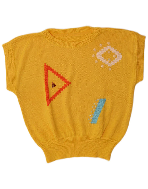 Vintage ženski džemper s brodskim izrezom UK 14 Veliki žuti geometrijski