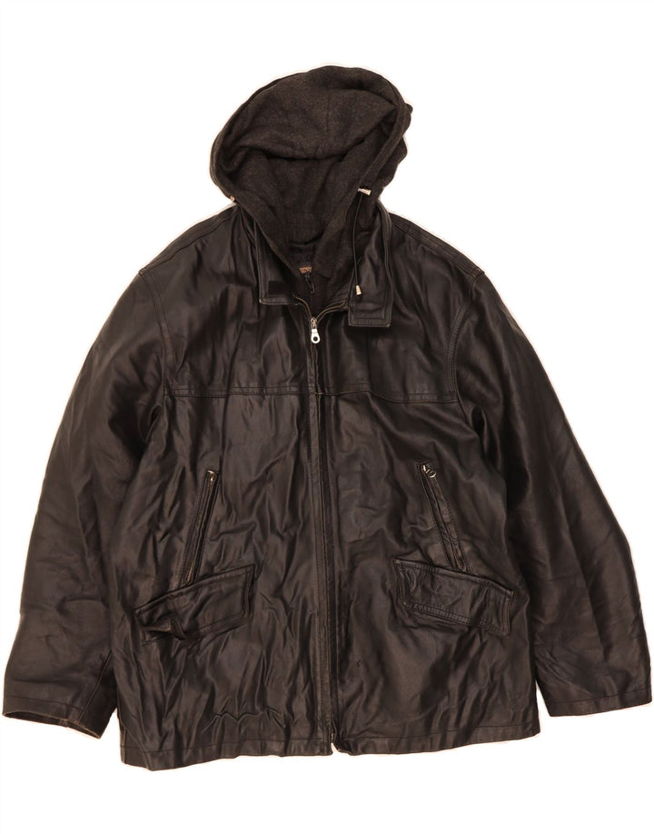 VINTAGE Mens Oversized Hooded Leather Jacket IT 46 Small Black Leather Vintage Vintage and Second-Hand Vintage from Messina Hembry 