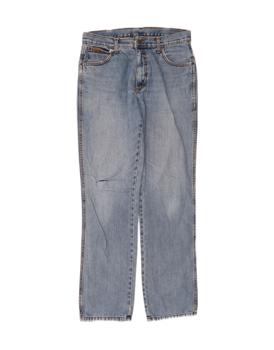 WRANGLER Mens Distressed Straight Jeans  W34 L34 Blue Cotton Vintage Wrangler and Second-Hand Wrangler from Messina Hembry 